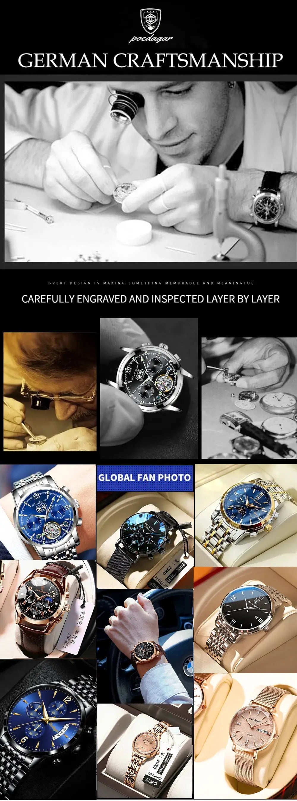 POEDAGAR men's stainless steel quartz watches collage; waterproof, luminous date features; multiple watches with box