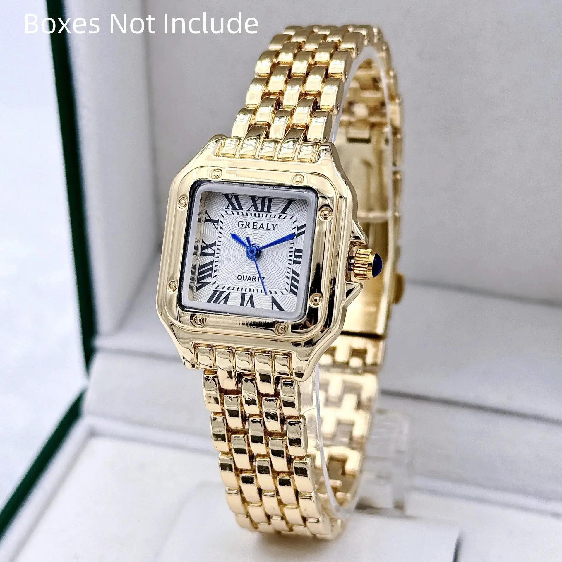 Gold-tone stainless steel women's bracelet watch with square face, blue hands, Roman numerals, Greatly brand