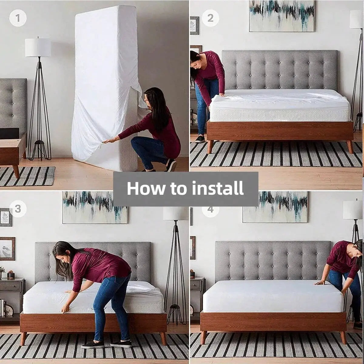 Simples Market waterproof mattress protector with zipper, white, breathable, antibacterial anti-mite for queen/king.