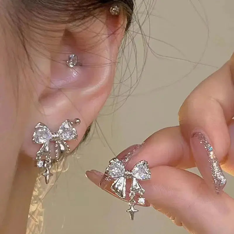 Y2K Bowknot Zircon Stud Earrings For Women Pink Crystal Silver Tone Korean Fashion Party Jewelry Gifts