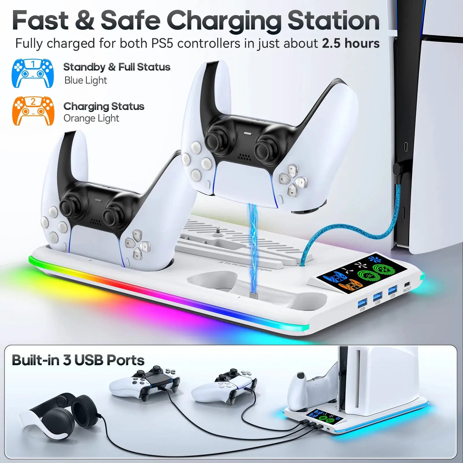 PS5 Cooling Stand With Controller Charger And RGB LED Base For PS5 PS5 Slim PS5 Pro Gaming Accessories