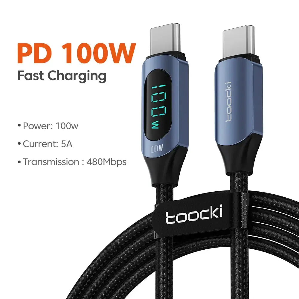 Toocki USB-C to USB-C cable, braided black cord with blue aluminum connectors, 100W PD fast charging