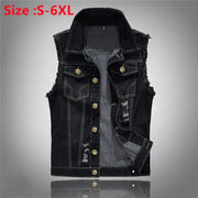 Men's denim sleeveless vest jacket in black/blue with brass buttons, distressed edges, two chest pockets