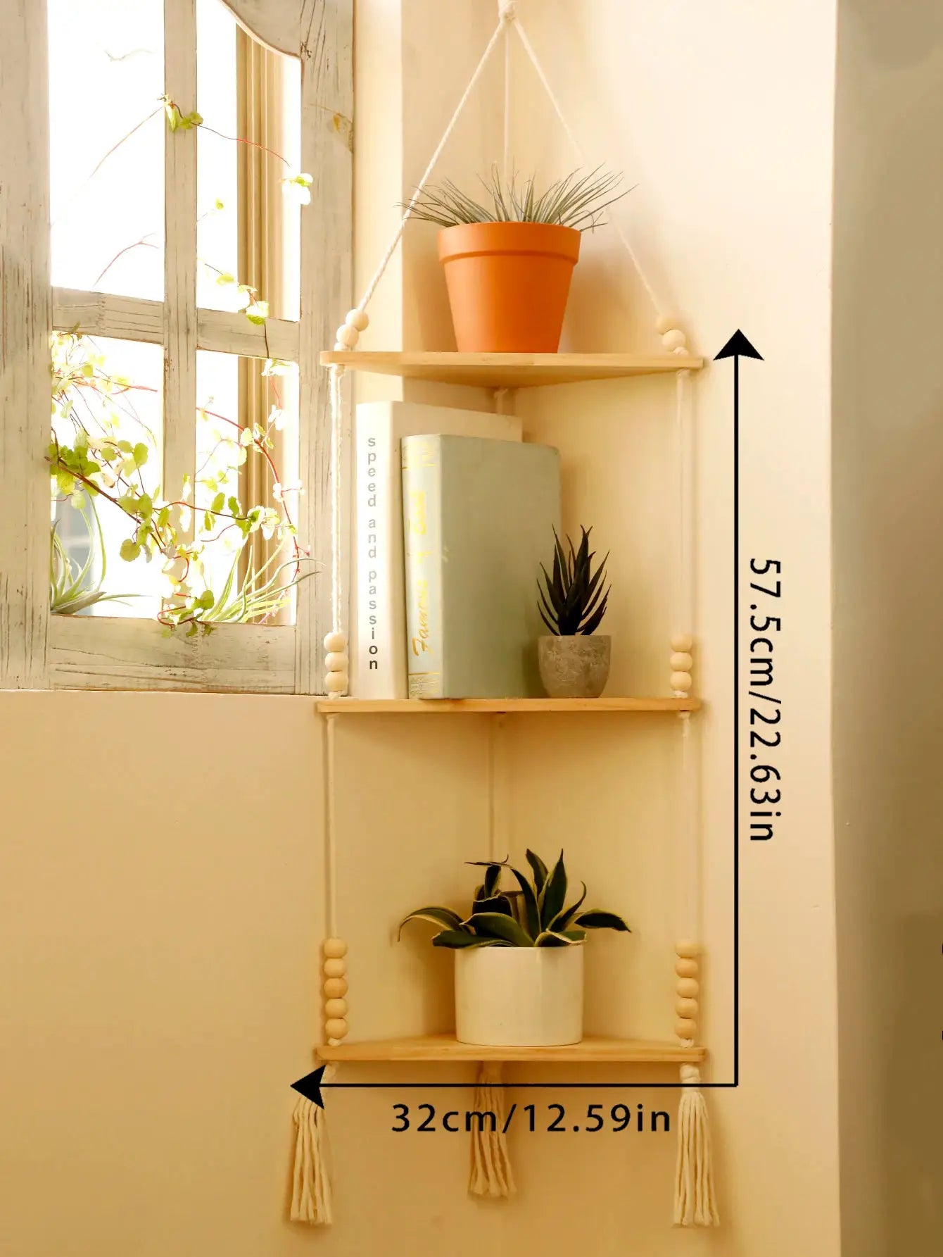 Floating wood wall shelf with rope triangle hanger, 2-tier, displaying plants and books.