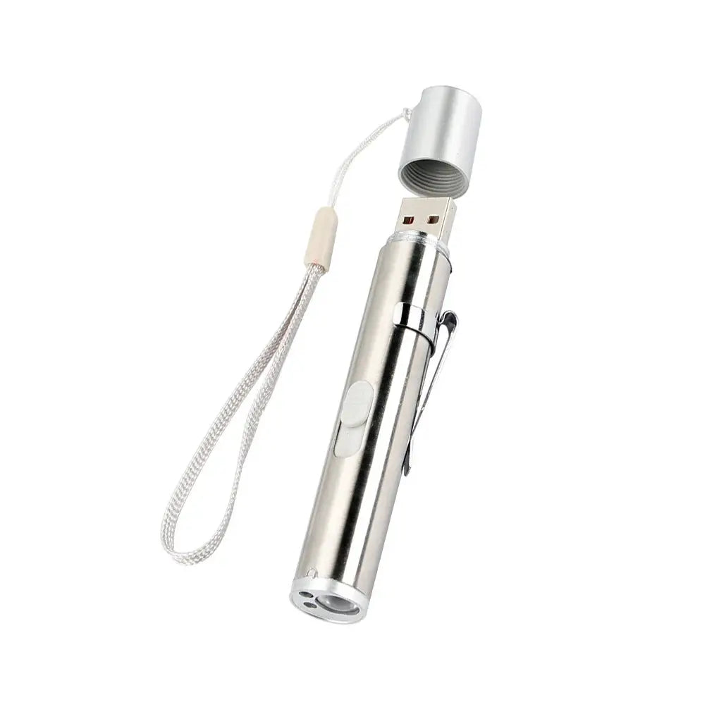 Pointer USB rechargeable 3-in-1 flashlight by Simples Market, metal body with infrared and UV modes