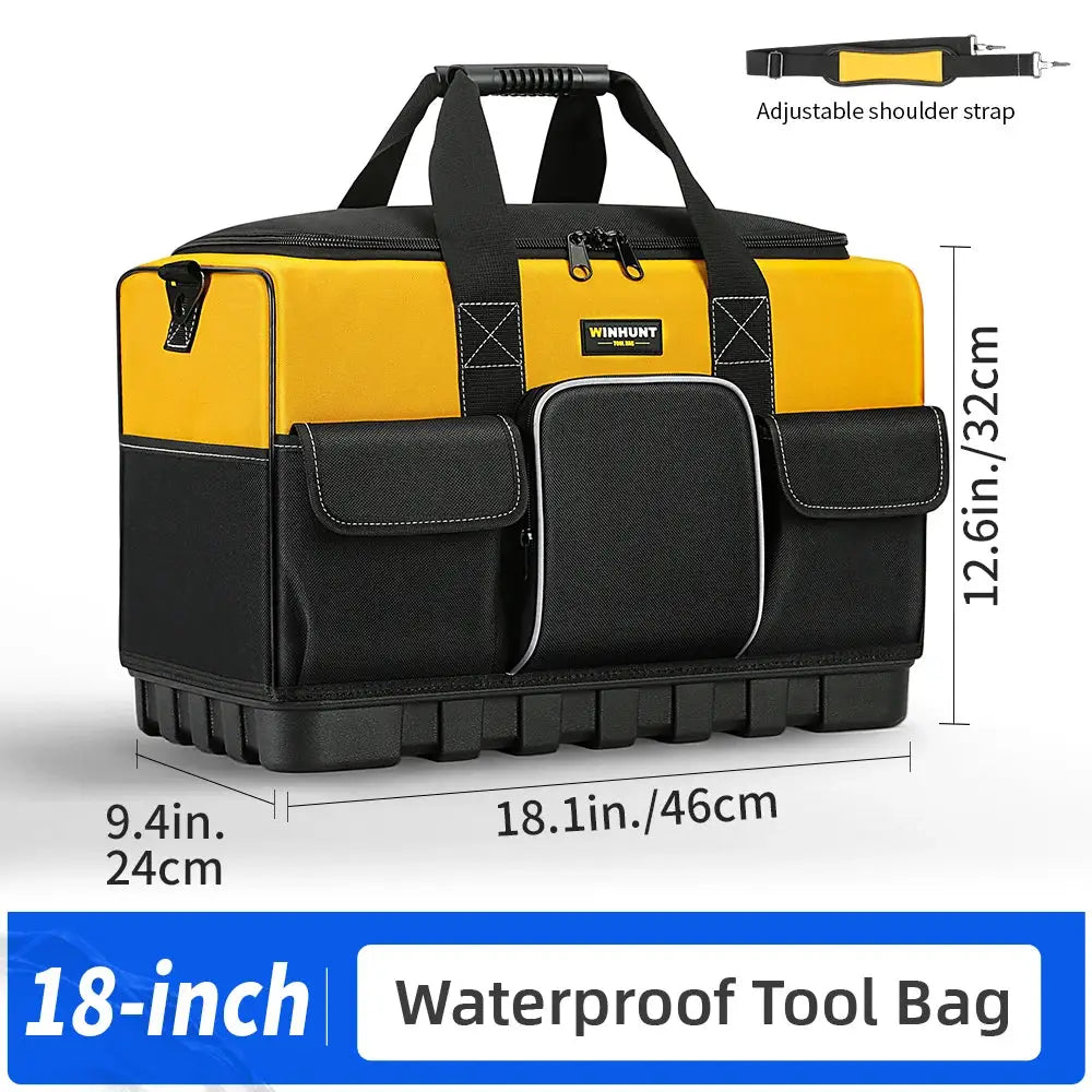 WINHUNT heavy-duty tool bag, yellow and black polyester, molded bottom, wide-mouth opening, adjustable strap