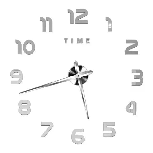 Large modern wall clock with silver 3D numerals and TIME center text, chrome hands for living room decor