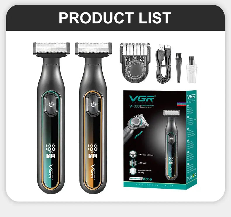 Two VGR 360 hair trimmers, waterproof rechargeable dual-sided clippers with LED display and accessories.