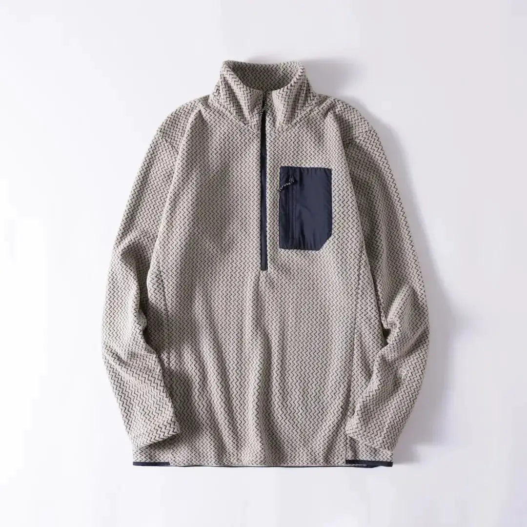 Simples Market unisex fleece sweatshirt with half-zip, beige wavy knit and navy chest pocket.