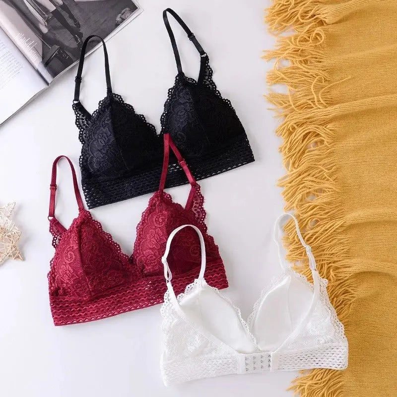 Three floral lace bralettes for women, non-wire padded, in black, burgundy, and white.