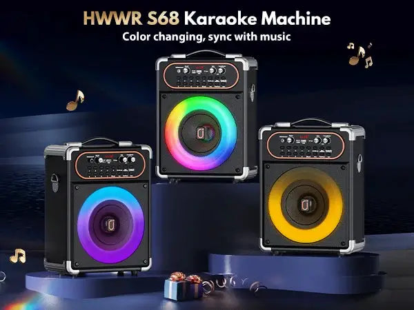 3 S68 karaoke speakers with rainbow RGB LED lighting and handles, portable Bluetooth 5.3 party system