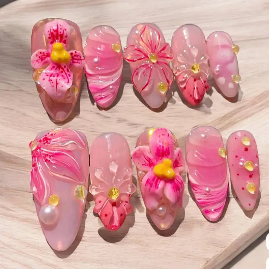 GlamNail Pink Almond Press On Nails Full Coverage Carved Flower 3D Ripple French Tips Golden Pearl Finish