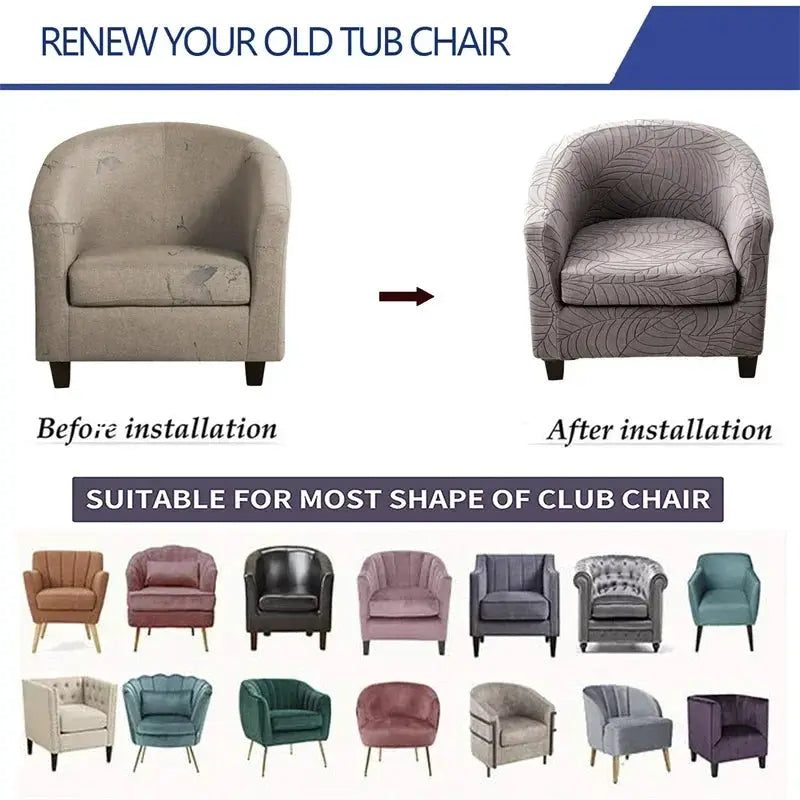 Leaves Jacquard Tub Chair Cover by Simples Market; before/after install on a tub chair; shows 14 assorted club chairs.