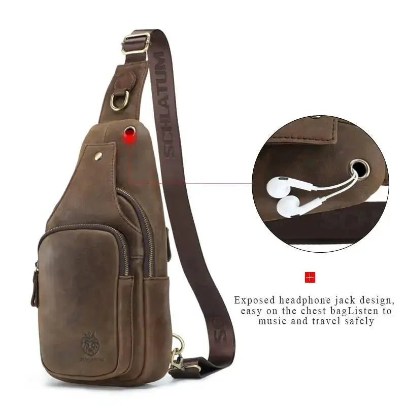 Schlatum genuine leather chest bag brown triangle crossbody with multiple pockets and headphone jack
