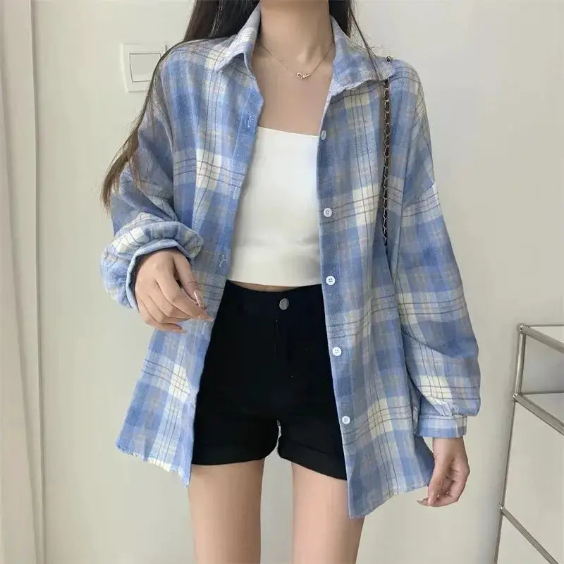 Plaid shirt for women light blue check, loose fit, Simples Market