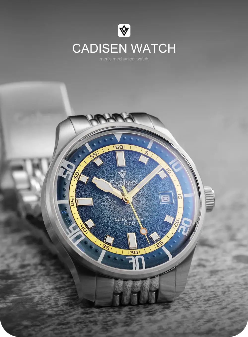CADISEN men's automatic watch with blue dial and stainless steel bracelet