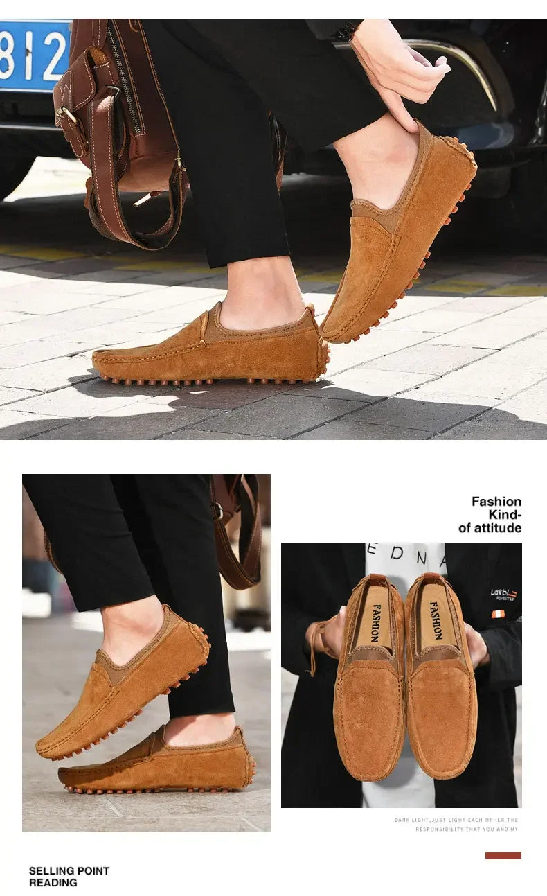 Men's driving loafers in tan suede with a rubber sole