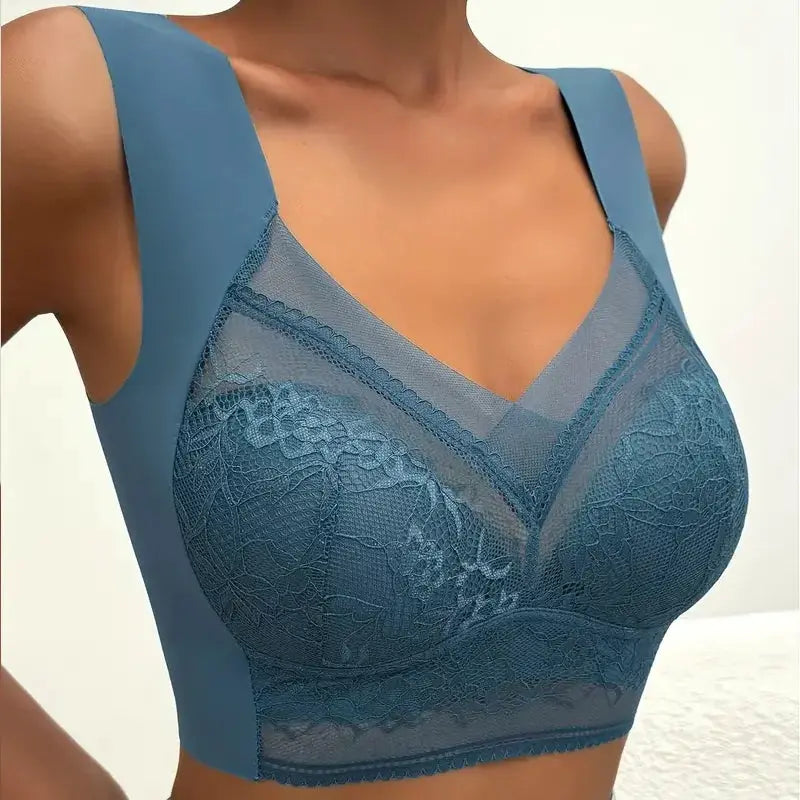 Lace bra in teal with sheer mesh panels and padded cups