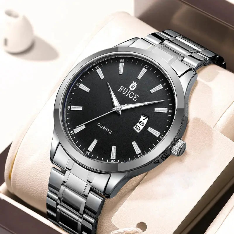 Ruige Mens Watch Minimalist Roman Dial Night Glow Water Resistant Stainless Steel Band