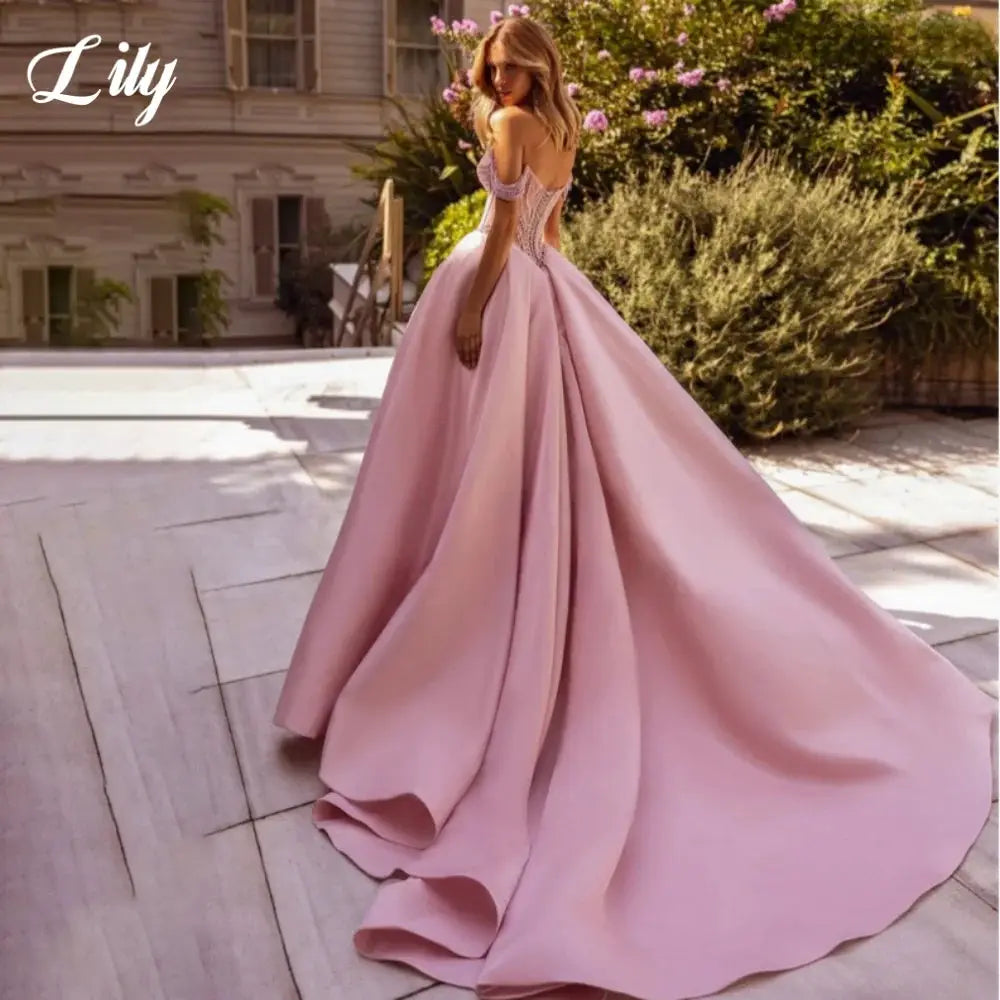 Lily Pink Aline Satin Prom Dress Off Shoulder Beaded Corset Gown