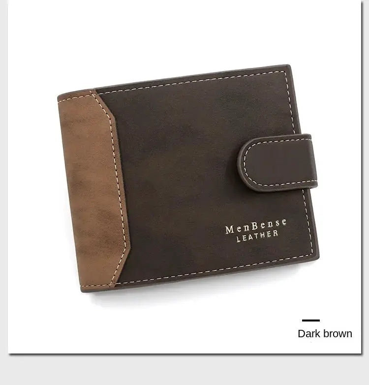 Men's PU leather wallet with hasp closure, dark brown with tan accent panel, MenBense Leather.
