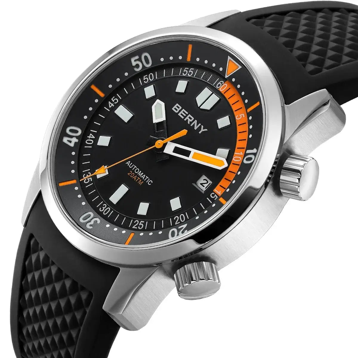 BERNY men's dive watch, 42mm stainless steel case, black dial with orange accents, black rubber strap