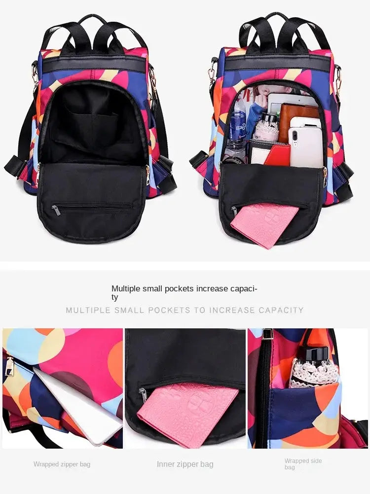 Women's backpack in colorful geometric Oxford cloth with multiple pockets; Simples Market waterproof travel bag