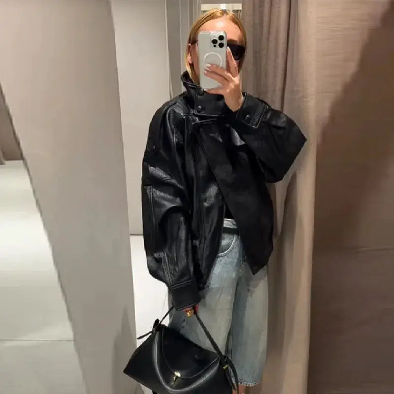 UrbanChic PU Leather Jacket Stand Collar Long Sleeve Loose Fit Coat For Effortless Casual Streetwear In Autumn