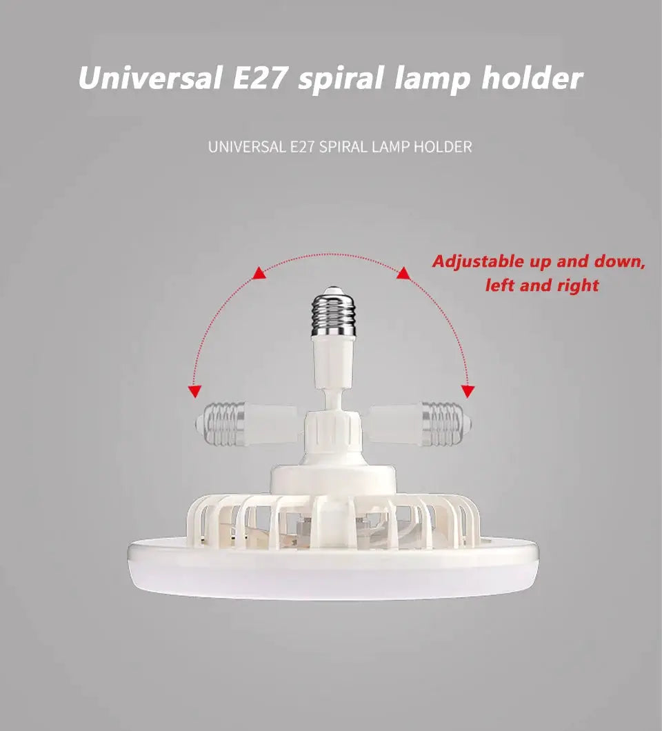 2-in-1 ceiling fan lamp with E27 base, LED light, and adjustable left-right/up-down