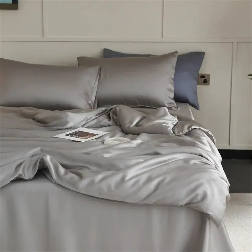 Mulberry Silk Bedding Set by Simples Market in silver-grey; 100% silk duvet cover, sheets and pillowcases.