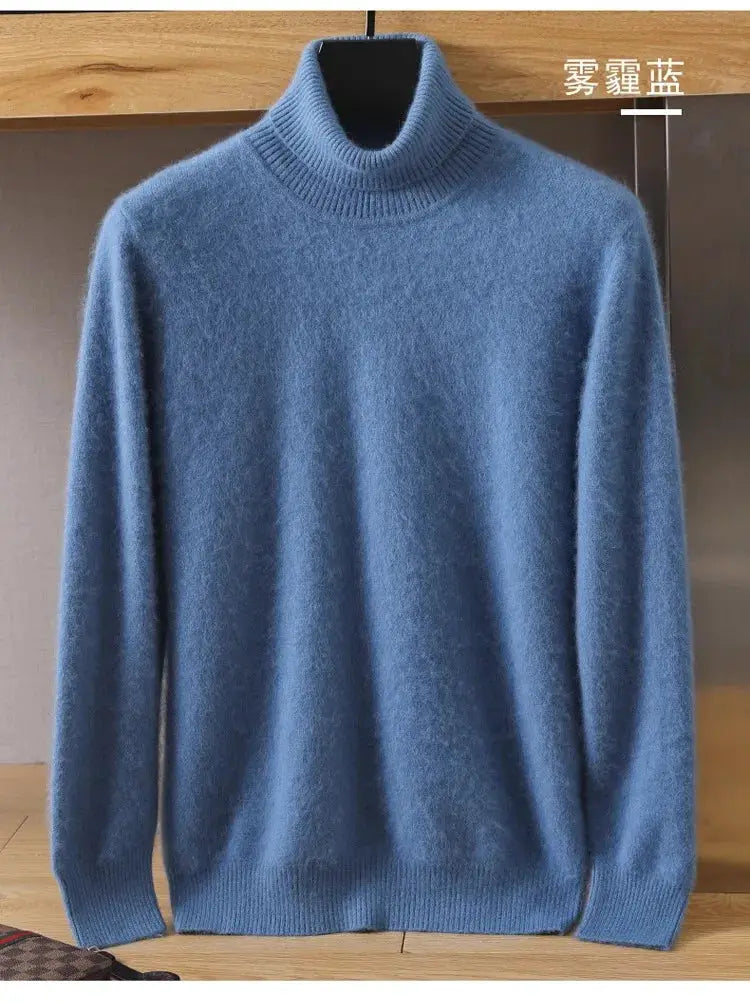 Men's blue mink-velvet cashmere sweater with a high ribbed collar and long sleeves.