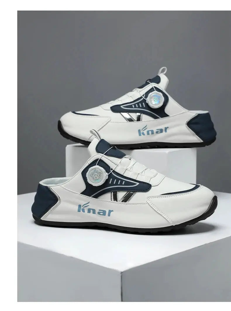 Knar men's white and navy sneakers with breathable panels and non-slip sole, two shoes on display platform