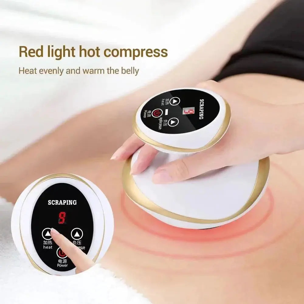 Two white and gold electric scraping massage cupping devices with black control panels and red heat indicators.
