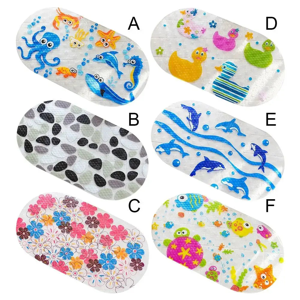 Soft PVC kids anti-slip bath mats set of 6 with suction cups by Simples Market; colorful cartoon designs
