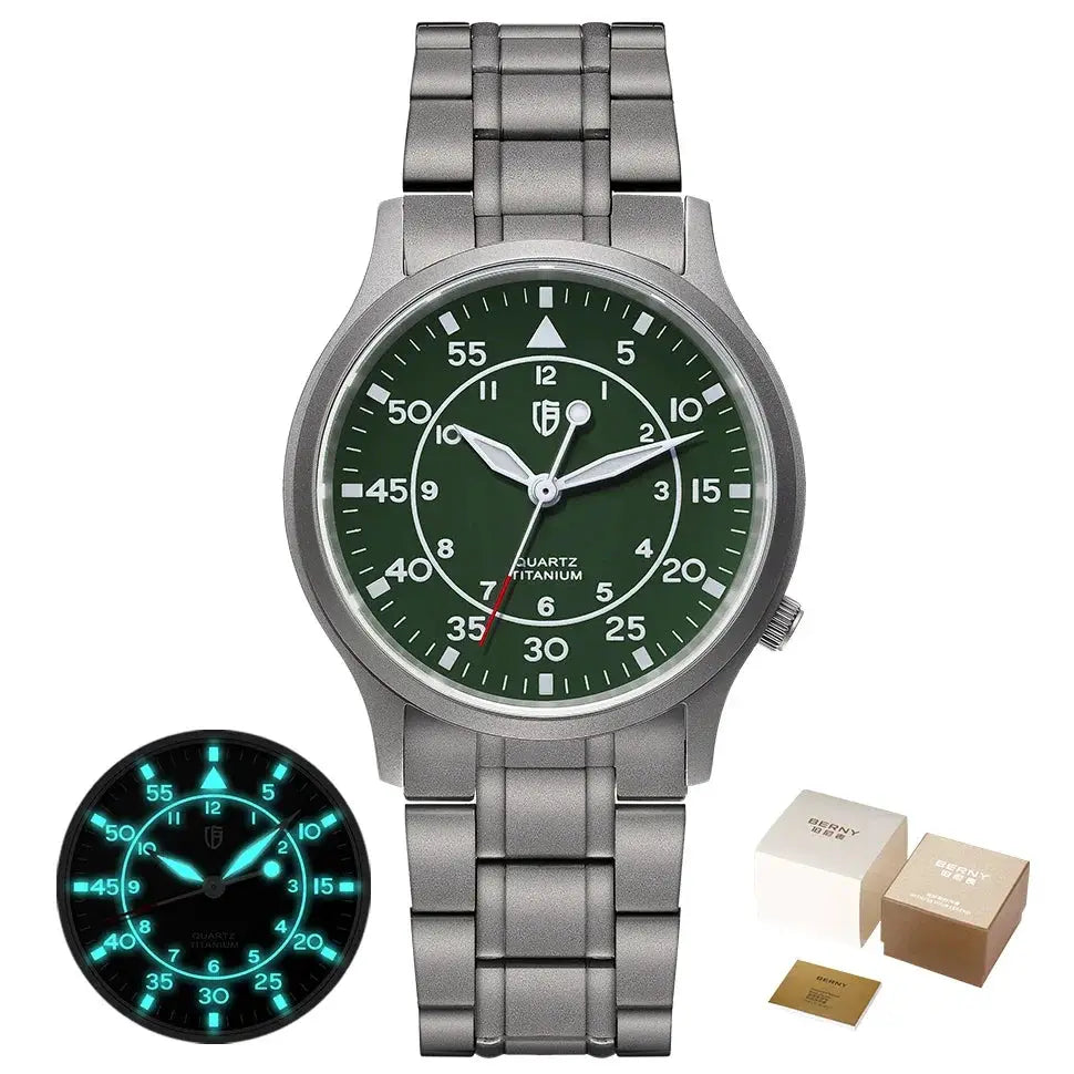 BERNY titanium men's wristwatch with green dial, AR sapphire coating, luminous hands; includes boxes