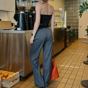 HXAO Women's Striped Grey and Black Wide Leg Formal Pants High Waist Baggy Trousers for Office