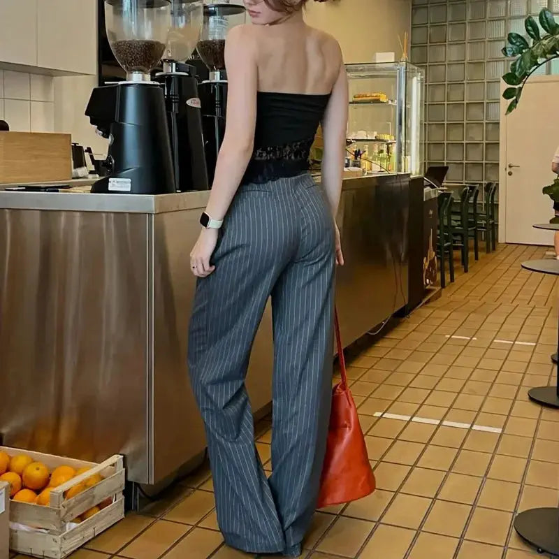HXAO Women's Striped Grey and Black Wide Leg Formal Pants High Waist Baggy Trousers for Office