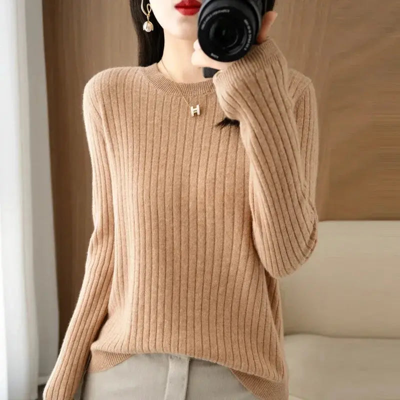 Aurora Knitwear Warm O Neck Stripe Loose Fit Sweater For Autumn Winter Layering Cozy Knit