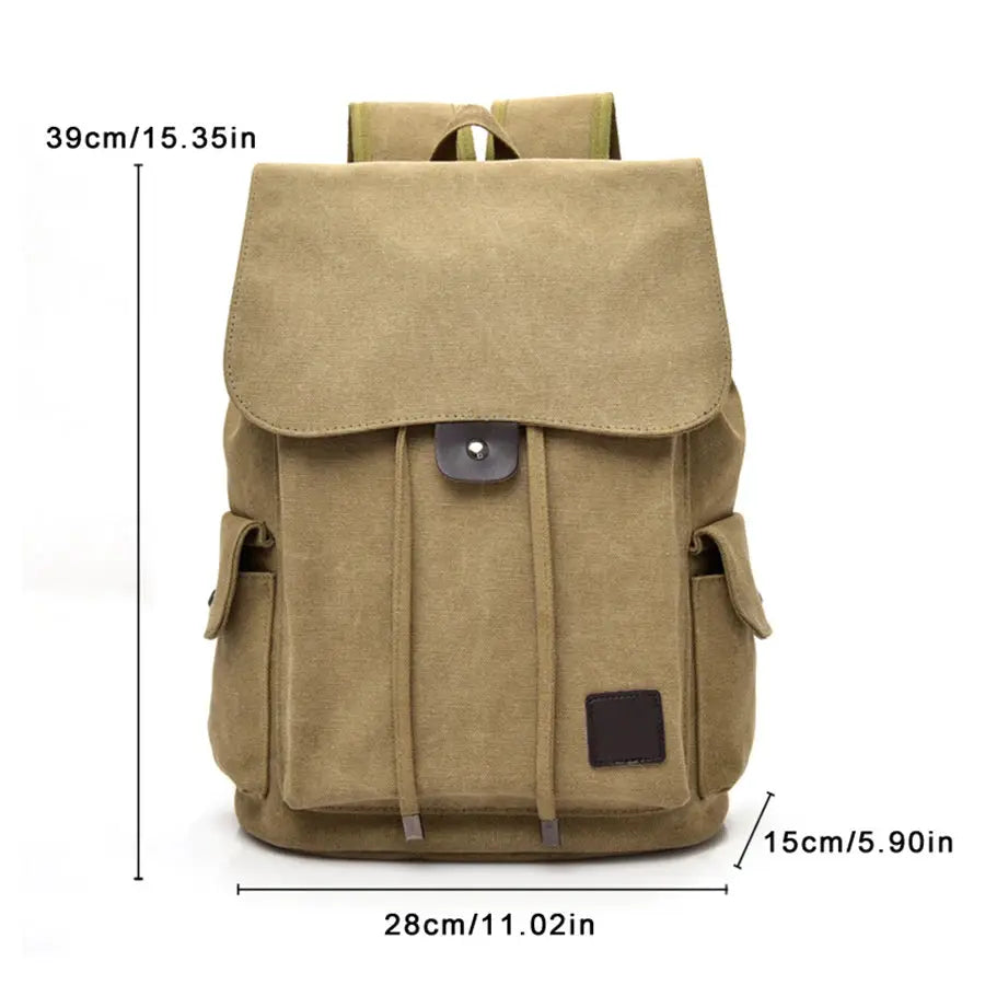Simples Market canvas backpack, khaki large rucksack with front pockets, top flap and drawstring closure