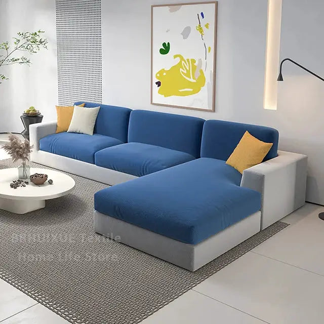 Super Soft Velvet Sofa Seat Cushion Cover set in blue for L-shaped sectional couch by Simples Market
