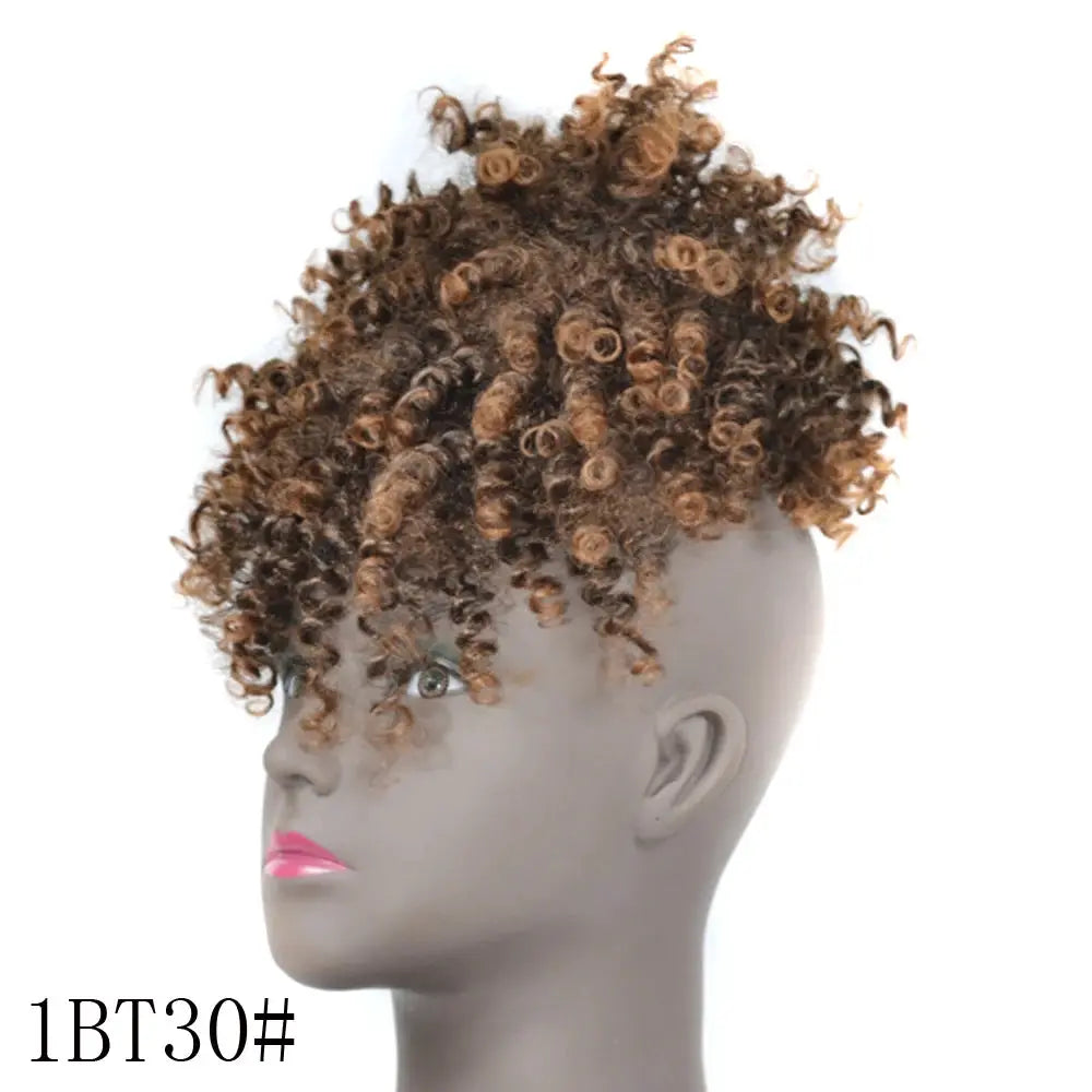 Afro puff updo drawstring ponytail with bangs; black kinky curly synthetic hair with brown highlights, Simples Market