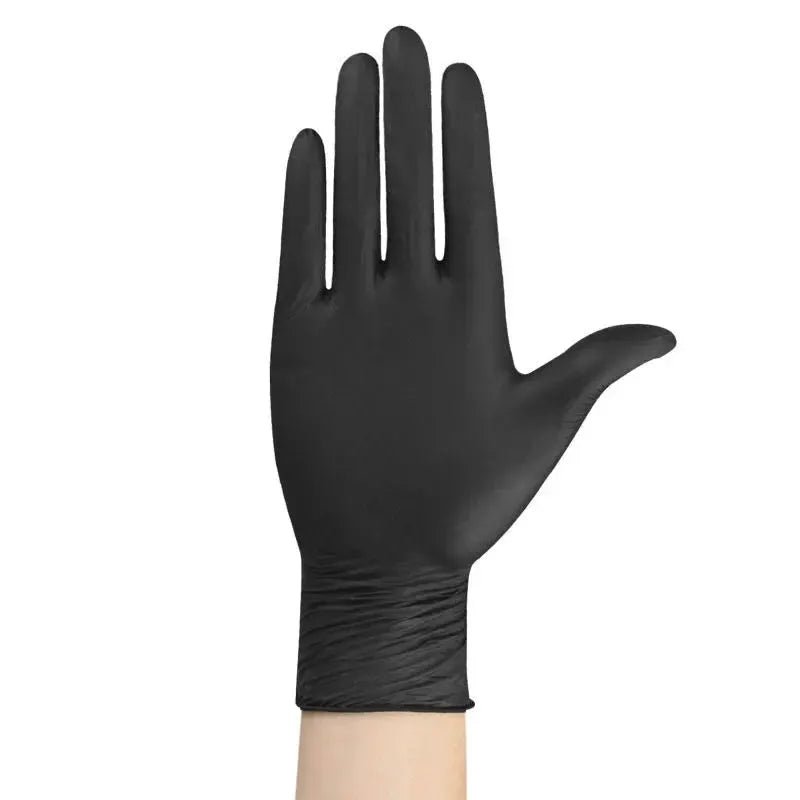 Black nitrile disposable glove on hand; latex-free, textured grip for work and cleaning.