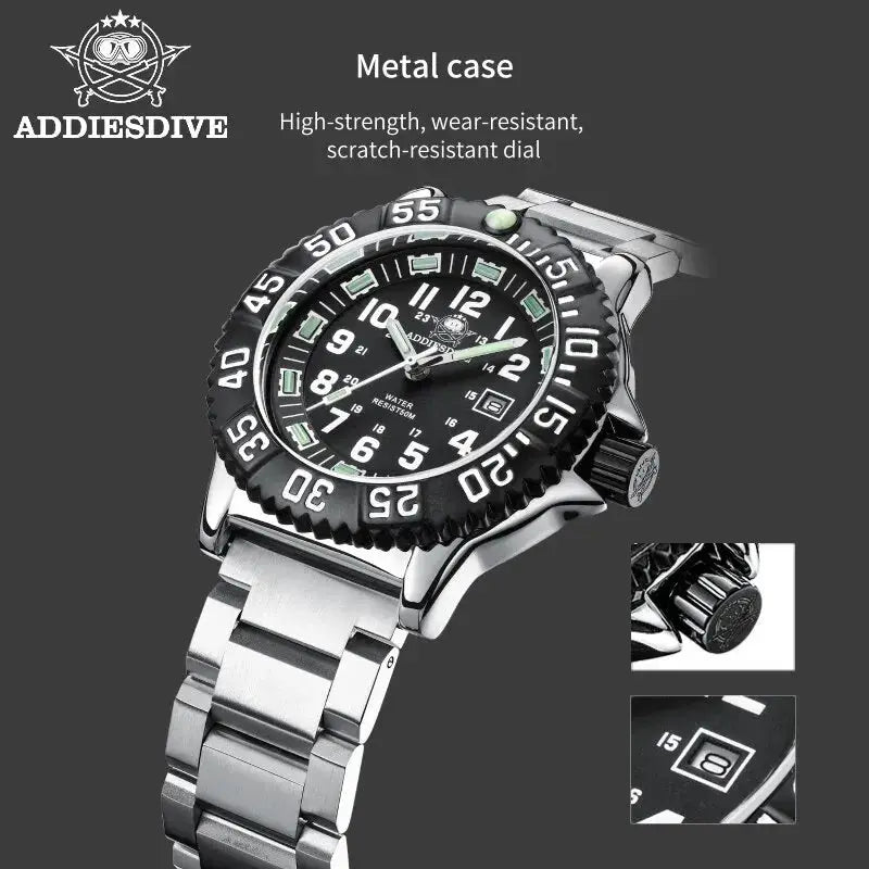 Addiesdive men's stainless steel watch with black dial, rotating bezel, date display, 50m water resistance