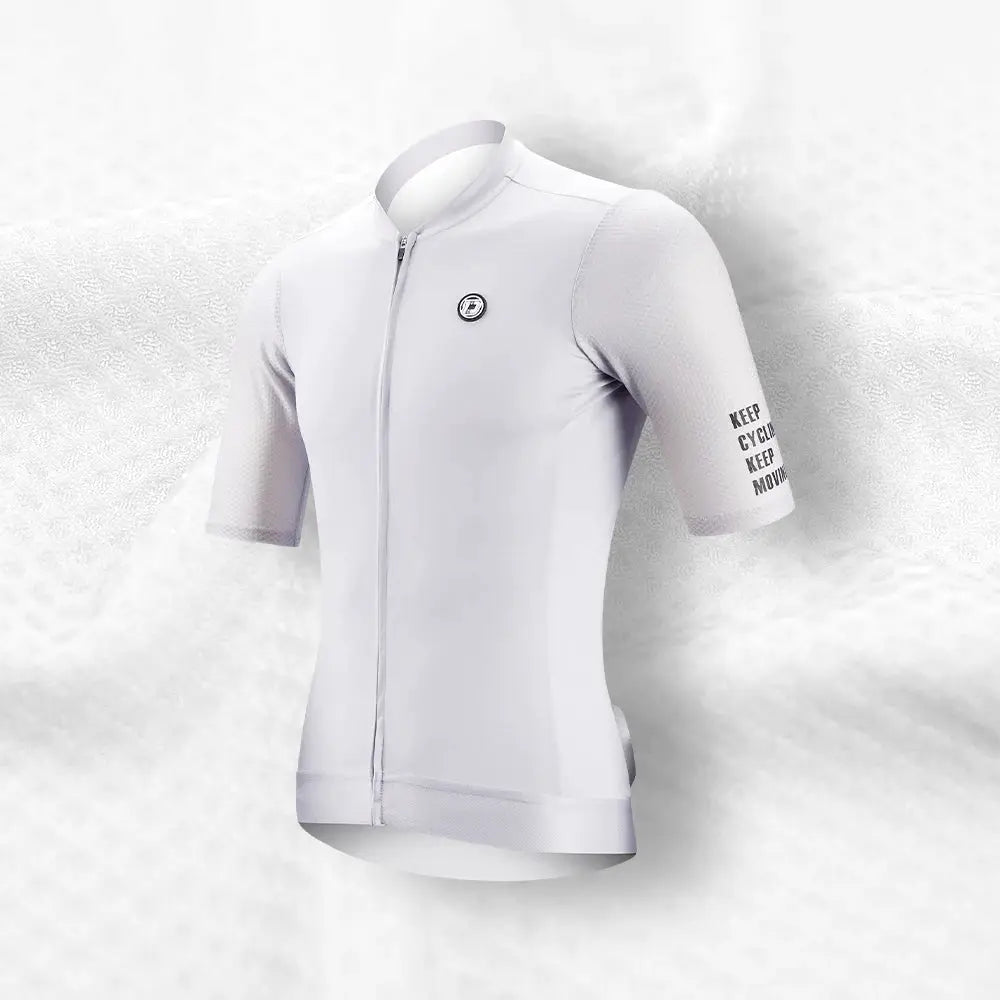 Women's white cycling jersey with full front zipper, short mesh sleeves, Simples Market logo on chest