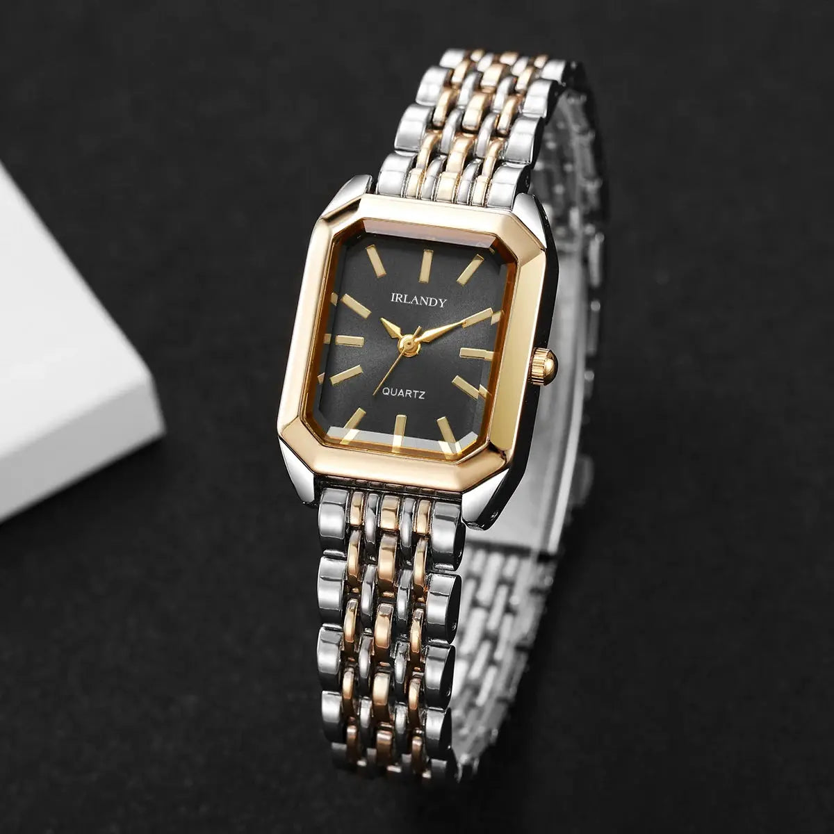 IRLANDY rectangle women's quartz watch with a two-tone steel bracelet and gold-tone bezel.