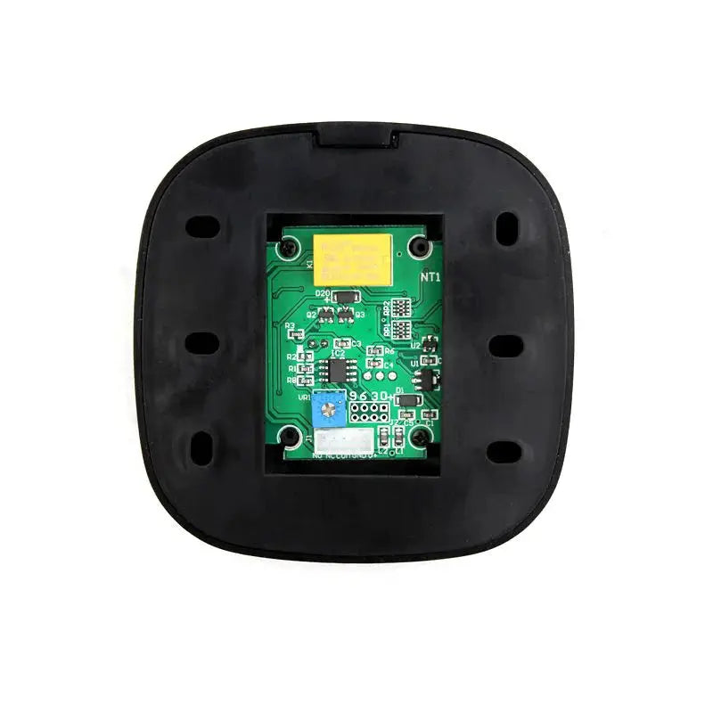 Infrared touchless exit button module with black housing, 12V supply, 5–15 cm sensing range