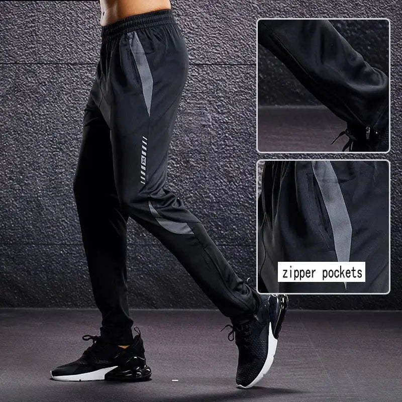 Men sport pants with zipper pockets in black, athletic joggers for running and training