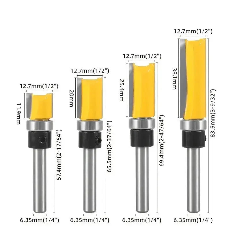 Four Piece One Quarter Inch Shank Bearing Guided Router Bits Set For Woodworking Edge Trimming With Double Edged Cutter