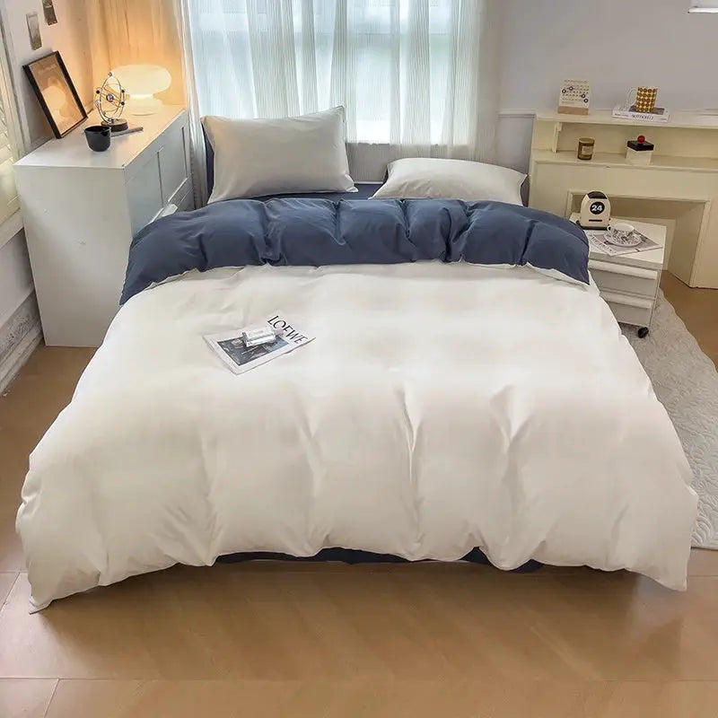 4-piece bed set by Simples Market, 2-side color brush fabric with white duvet cover and blue reverse, pillowcases included