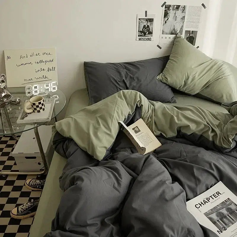 Solid-color double-washed cotton bedding 4-piece duvet set for student dorm beds in gray and olive